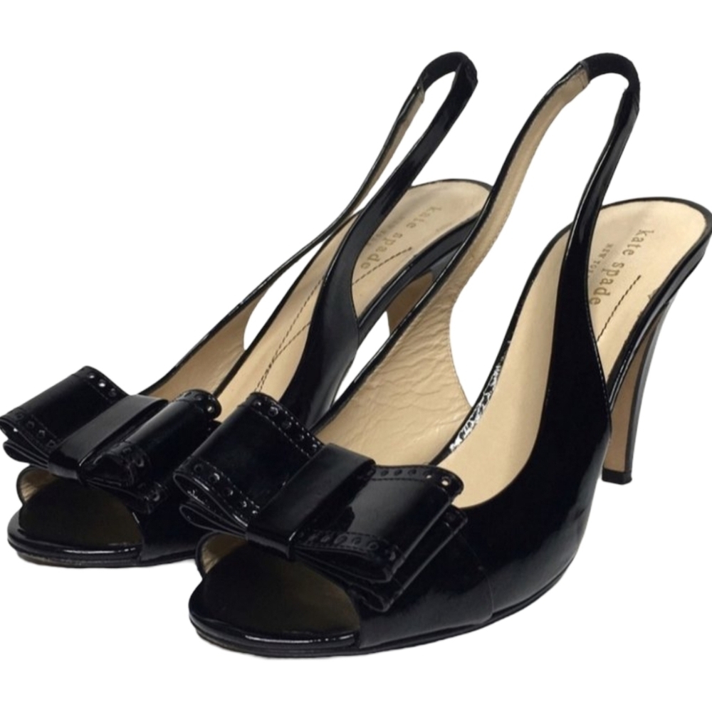 Kate Spade Gracie Black Patent Leather Slingback Heels Bow Size 8